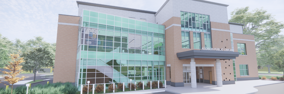 architectural rendering of the exterior of the addison public library