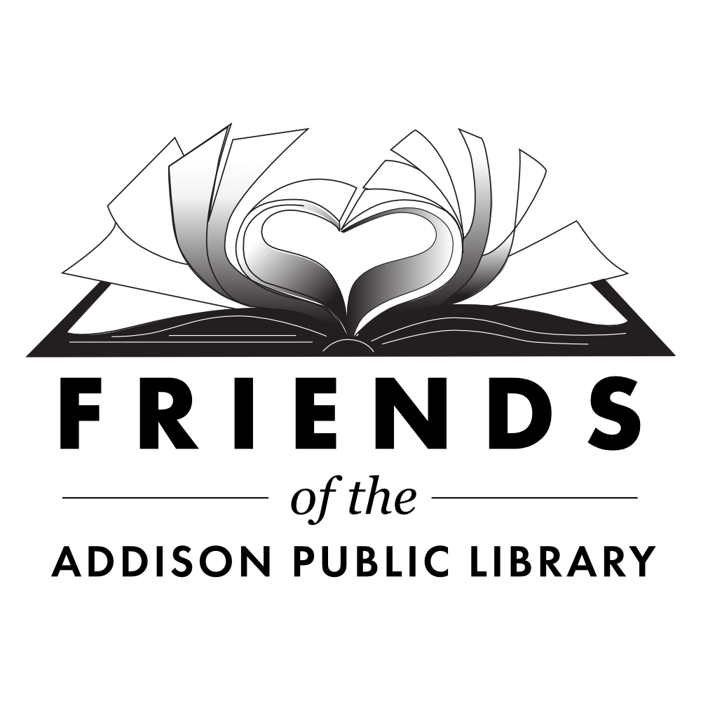 Image of open book above the text Friends of the Addison Public Library