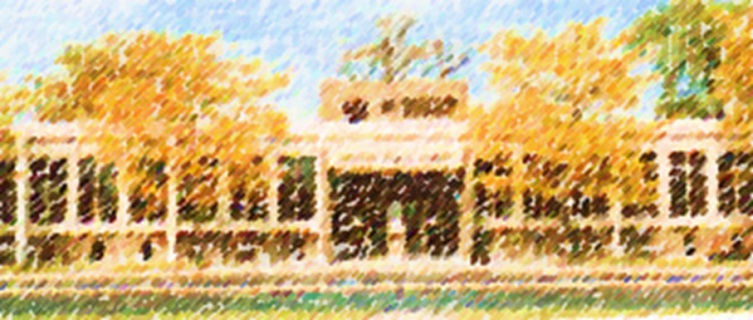 Oil painting of library building at 2 Friendship Plaza