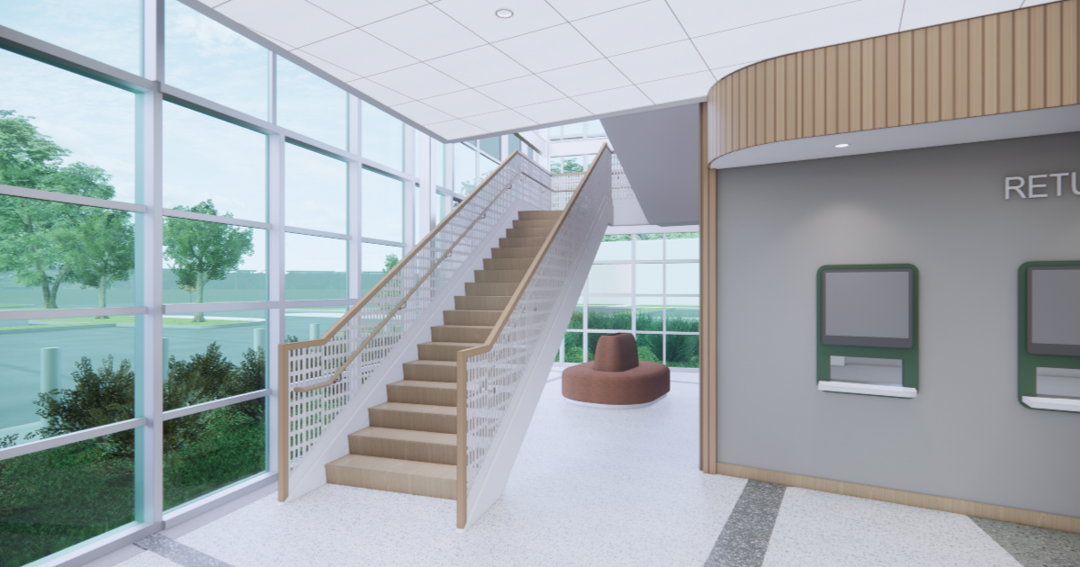 Rendering of the Addison Public Library's new staircase as viewed from the first floor lobby