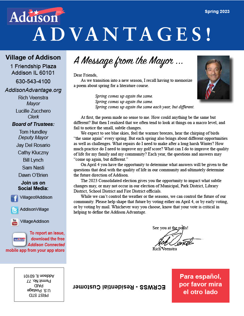 Cover of Addison Advantages Spring 2023 newsletter