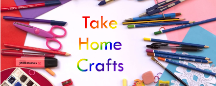 Photo reads "Take Home Crafts" with colored pencils and other craft supplies