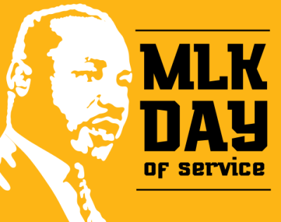 silhouette of martin luther king jr accompanied by text "MLK Day of Service"