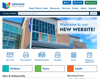 screenshot of new addison public library website