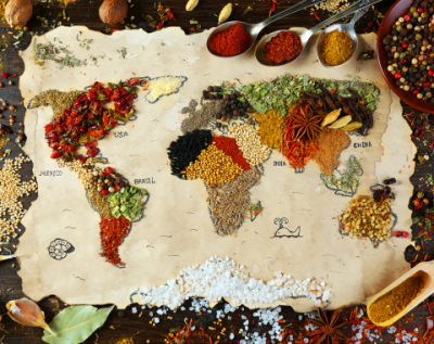 spices of all types and colors laid out on top of a map in the shape of the map of the earth