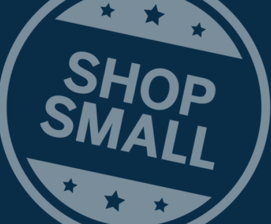 white shop small circular logo on blue background