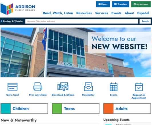 screenshot of new addison public library website