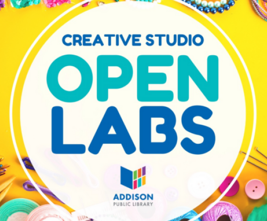 creative studio open labs text over photo of craft supplies