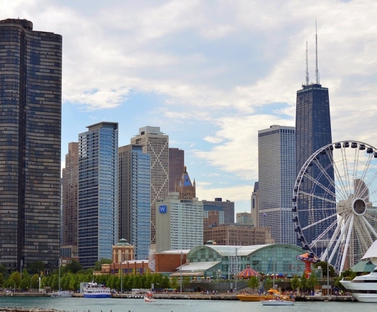 View of the Chicago skyline, including the Willis Tower, Navy Pier