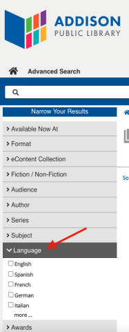 Screenshot of Swan Catalog. Shows filter menu on left panel. Red arrow pointing to "Languages."