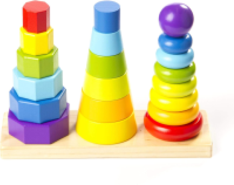 Photo of shapes game. The are three stacks. One of polygons, one of cylinders, and one of rings.