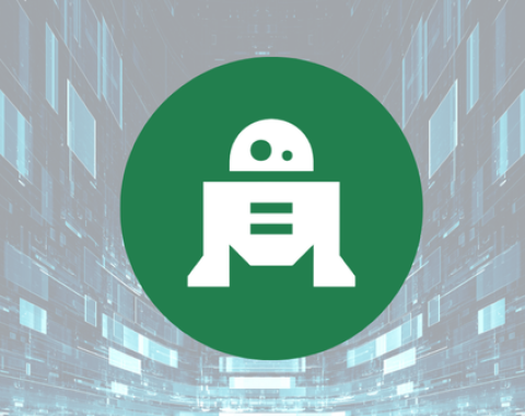 white icon on green circle of robot or droid