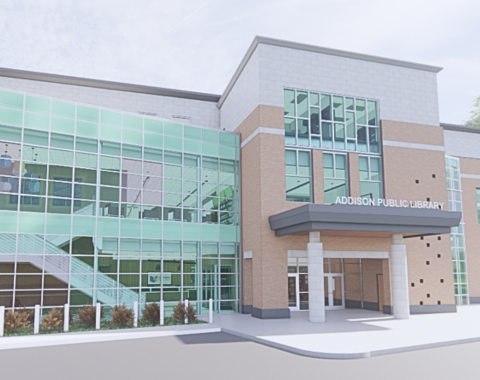 Rendering of the Addison Public Library's modern exterior, featuring a large glass facade and entrance with the library's name displayed above.