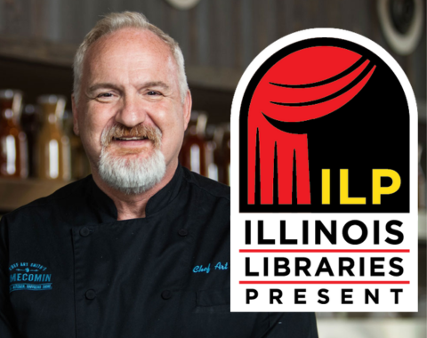 Chef Art Smith smiling in a professional kitchen, alongside the Illinois Libraries Present (ILP) logo with a red curtain icon and bold text.