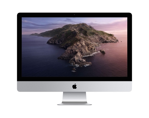 iMac desktop computer, 27" screen with stand, desktop screensaver of an island with mountains surrounded by water