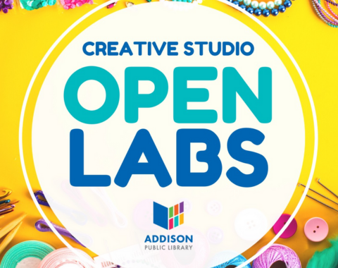 creative studio open labs text over photo of craft supplies