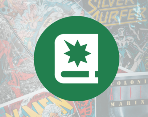 white icon of book with comic burst on green circle