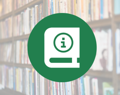 white icon of book with info icon on green circle