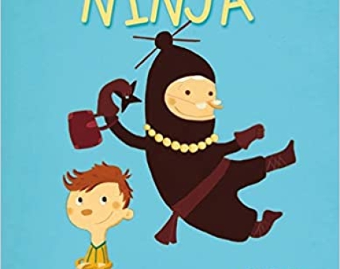 My Grandma's a Ninja book cover, grandma in black kicking and a kid