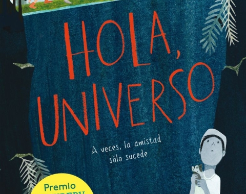 Hola, Universo book cover, three kids and a dog search through a forest while another child looks and waits