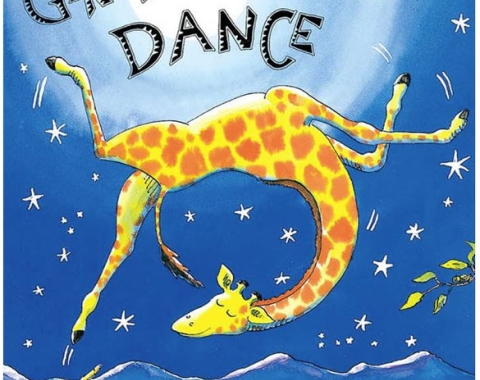 Giraffes Can't Dance book cover, giraffe flips in the moonlight while a monkey watches