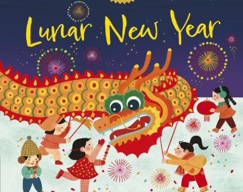 Lunar New Year book cover, five children around a dragon parade costume